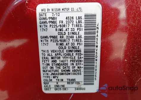 2013 Nissan Rogue Sv z USA, uszkodzony, nr VIN JN8AS5MV5DW109255